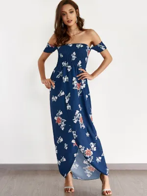 Wholesale Navy Off The Shoulder Short Sleeve Floral Print Backless Slit Hem Beach Dress
