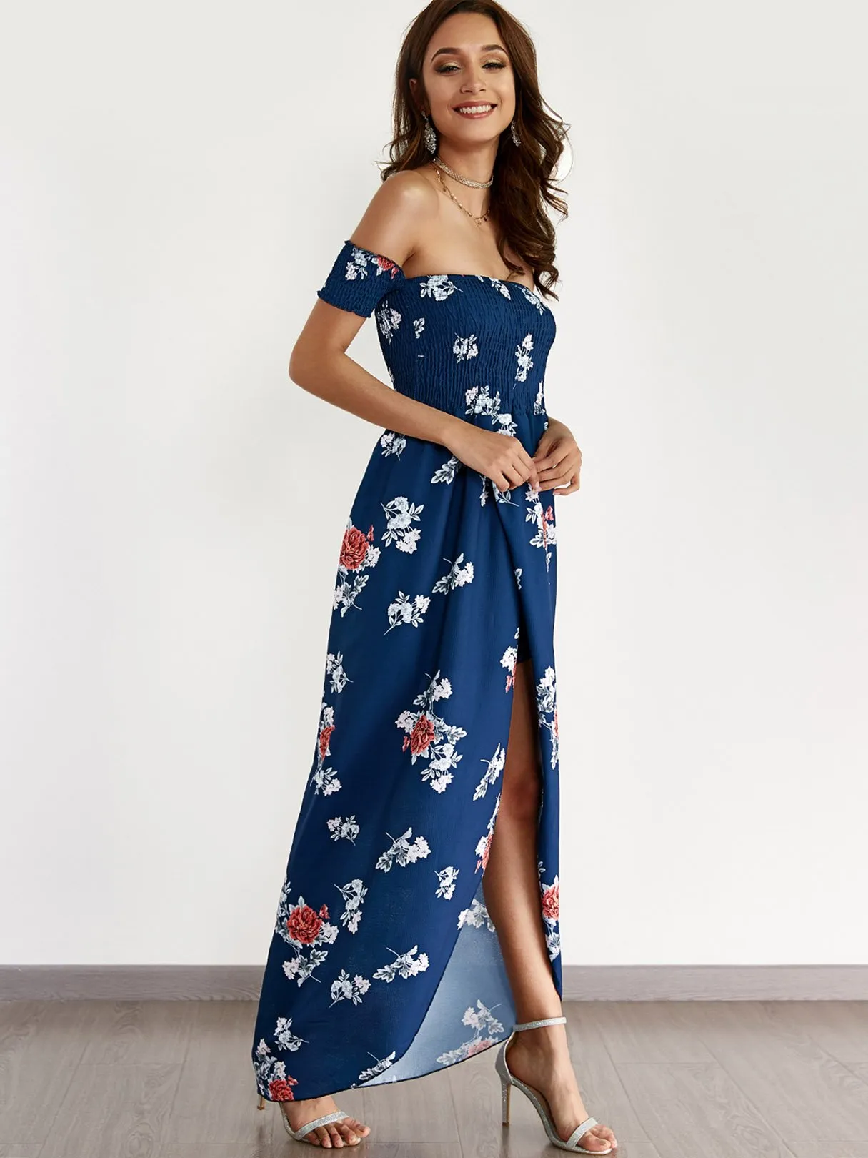 Wholesale Navy Off The Shoulder Short Sleeve Floral Print Backless Slit Hem Beach Dress