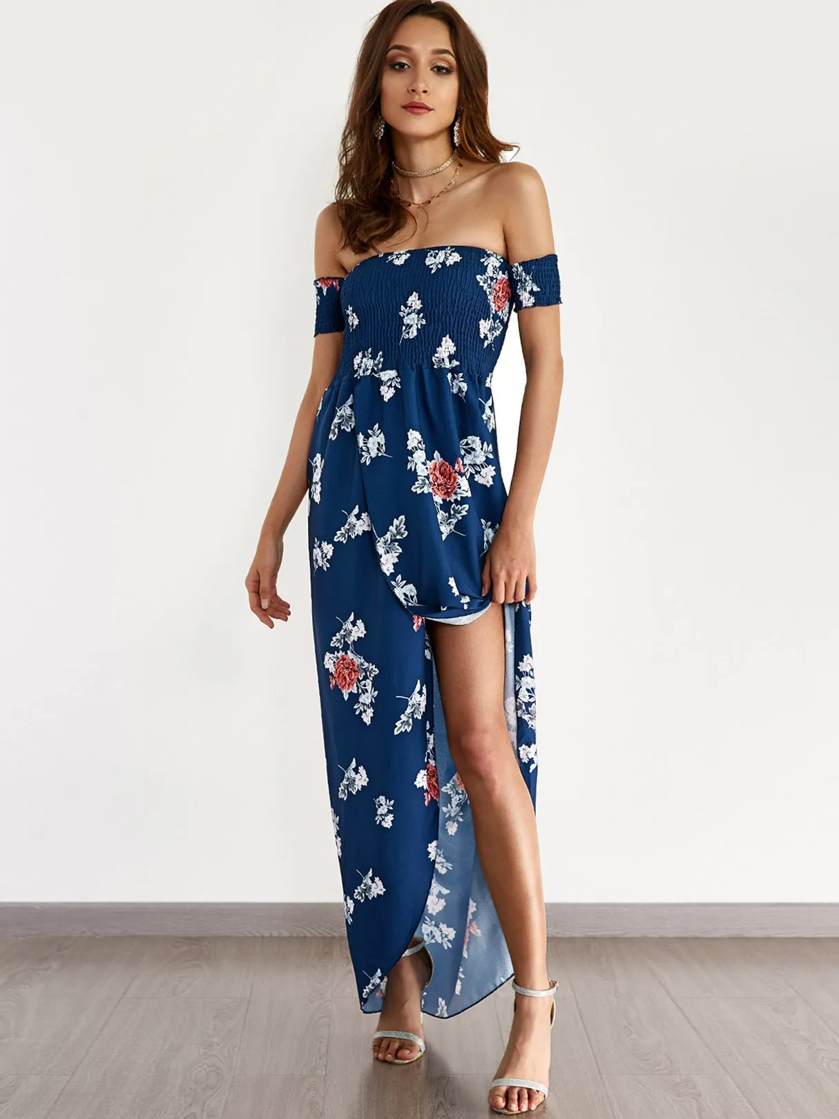 Wholesale Navy Off The Shoulder Short Sleeve Floral Print Backless Slit Hem Beach Dress