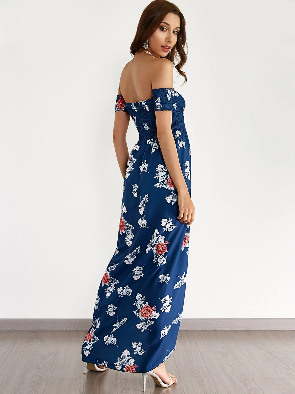 Wholesale Navy Off The Shoulder Short Sleeve Floral Print Backless Slit Hem Beach Dress