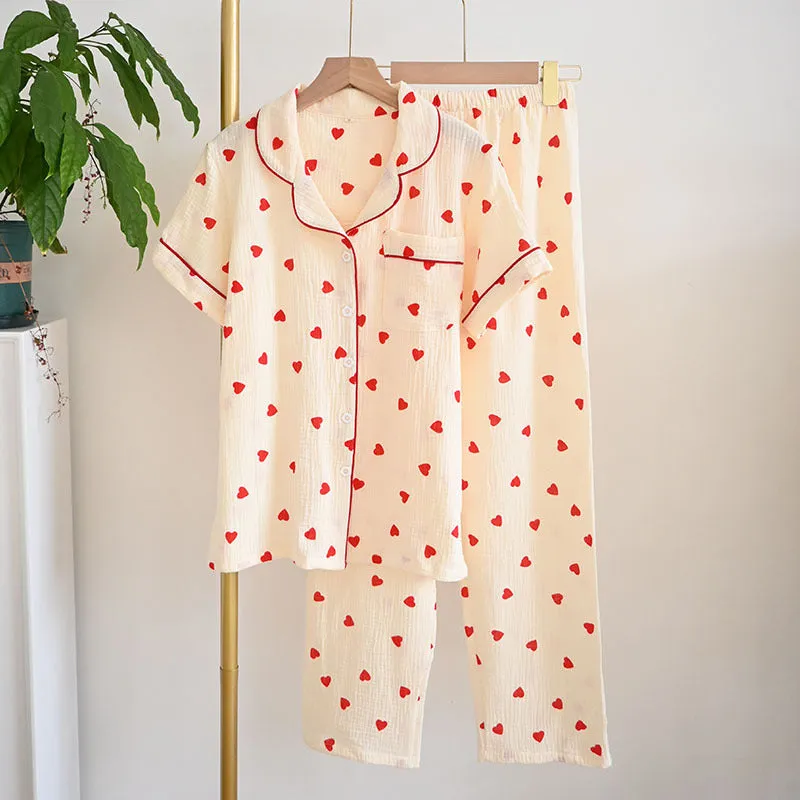 Women Crepe Cotton Lapel Short Sleeve Shorts Pajamas Suit Lounge wear