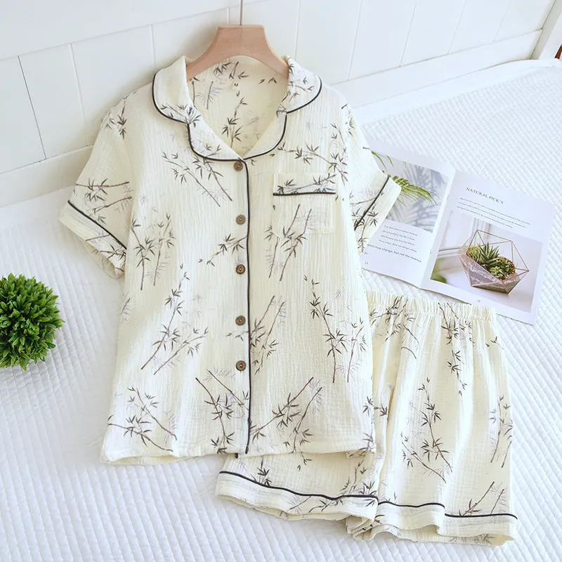 Women Crepe Cotton Lapel Short Sleeve Shorts Pajamas Suit Lounge wear