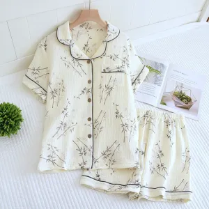 Women Crepe Cotton Lapel Short Sleeve Shorts Pajamas Suit Lounge wear
