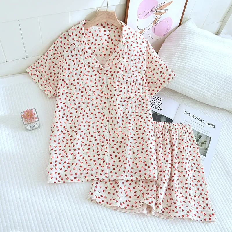 Women Crepe Cotton Lapel Short Sleeve Shorts Pajamas Suit Lounge wear