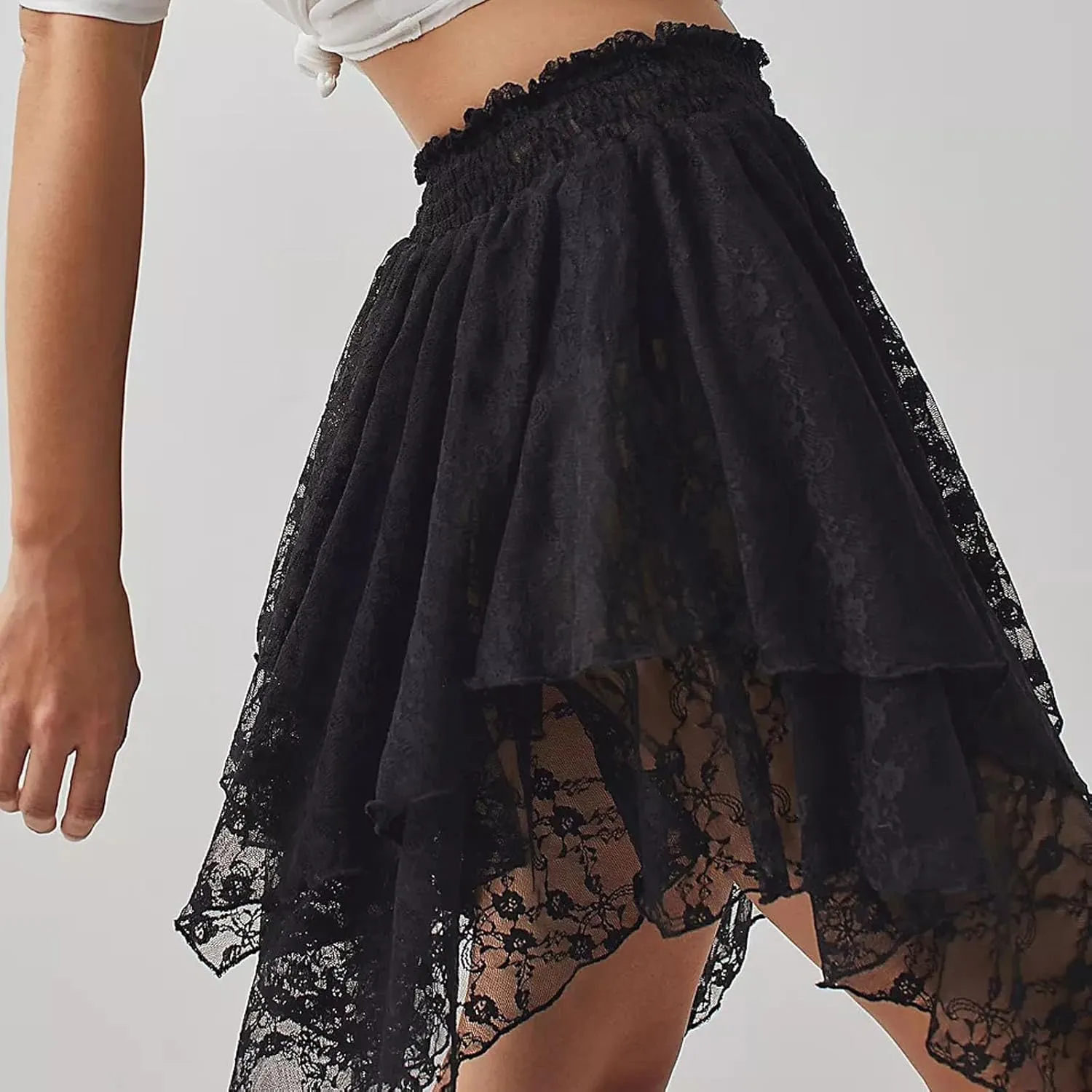 Women Floral Lace Mini Skirt Y2k Low Rise Layered Ruffled Hem Pleated A Line Short Skirt Lace Half Slip Underskirt