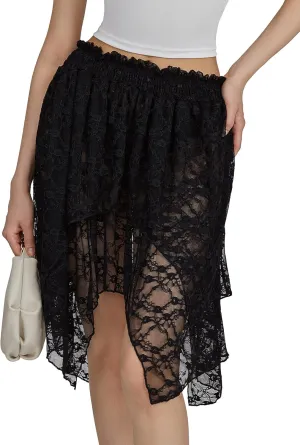 Women Floral Lace Mini Skirt Y2k Low Rise Layered Ruffled Hem Pleated A Line Short Skirt Lace Half Slip Underskirt