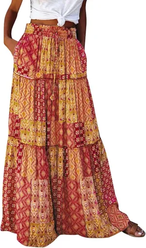 Womens Boho Maxi Skirt with Pockets Cute Summer Flowy Floral Long Bohemian Skirts Hawaiian Elastic High Waisted Skirt