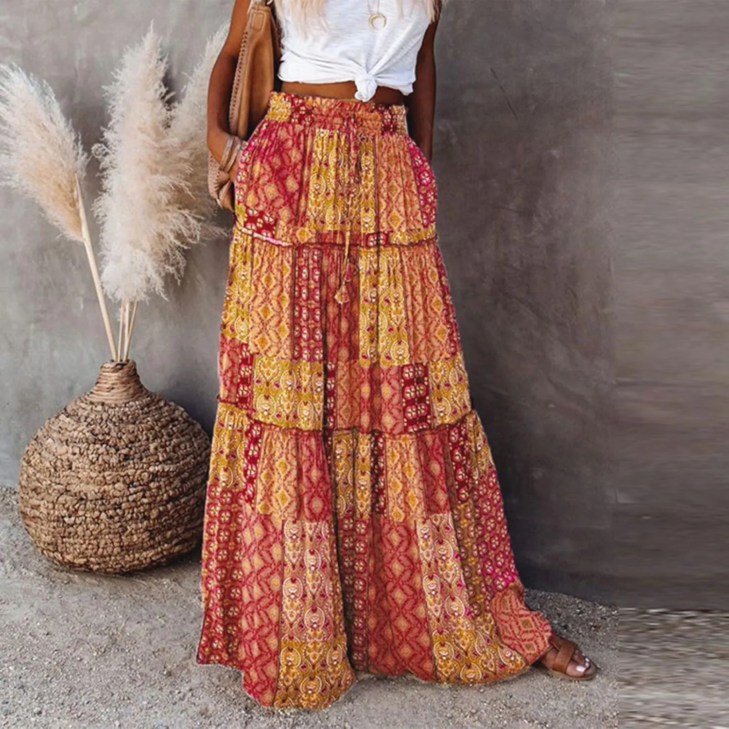 Womens Boho Maxi Skirt with Pockets Cute Summer Flowy Floral Long Bohemian Skirts Hawaiian Elastic High Waisted Skirt