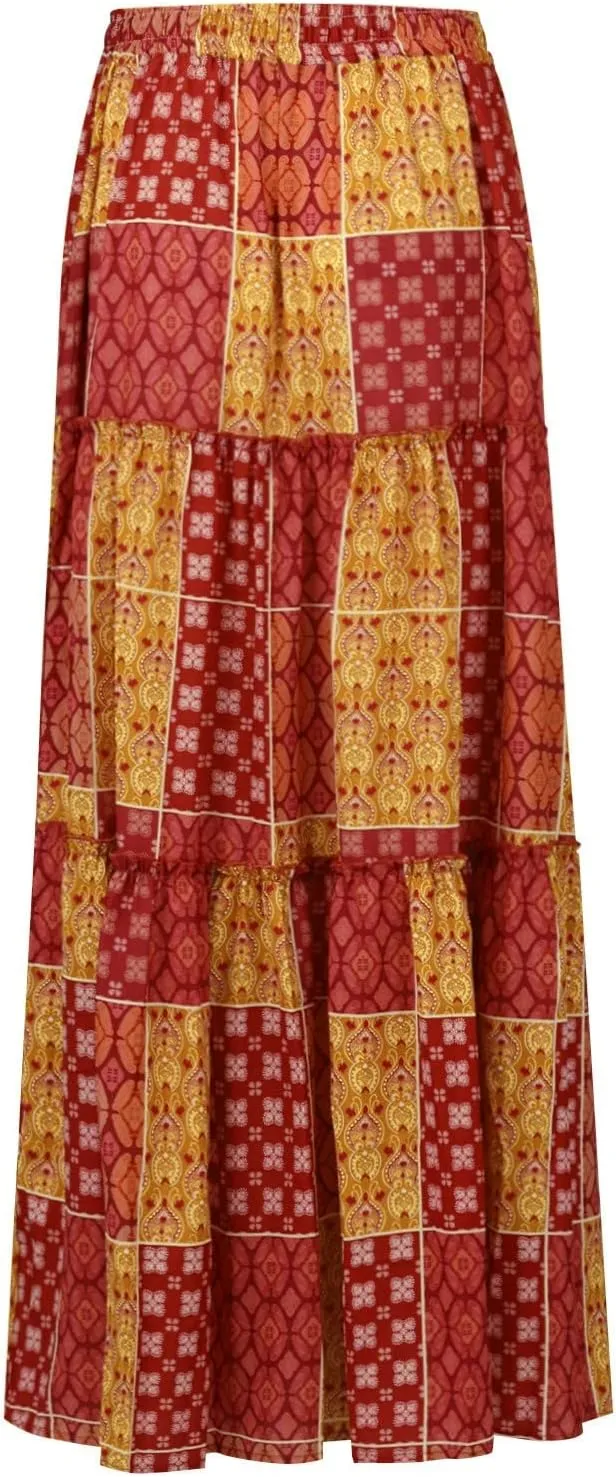 Womens Boho Maxi Skirt with Pockets Cute Summer Flowy Floral Long Bohemian Skirts Hawaiian Elastic High Waisted Skirt