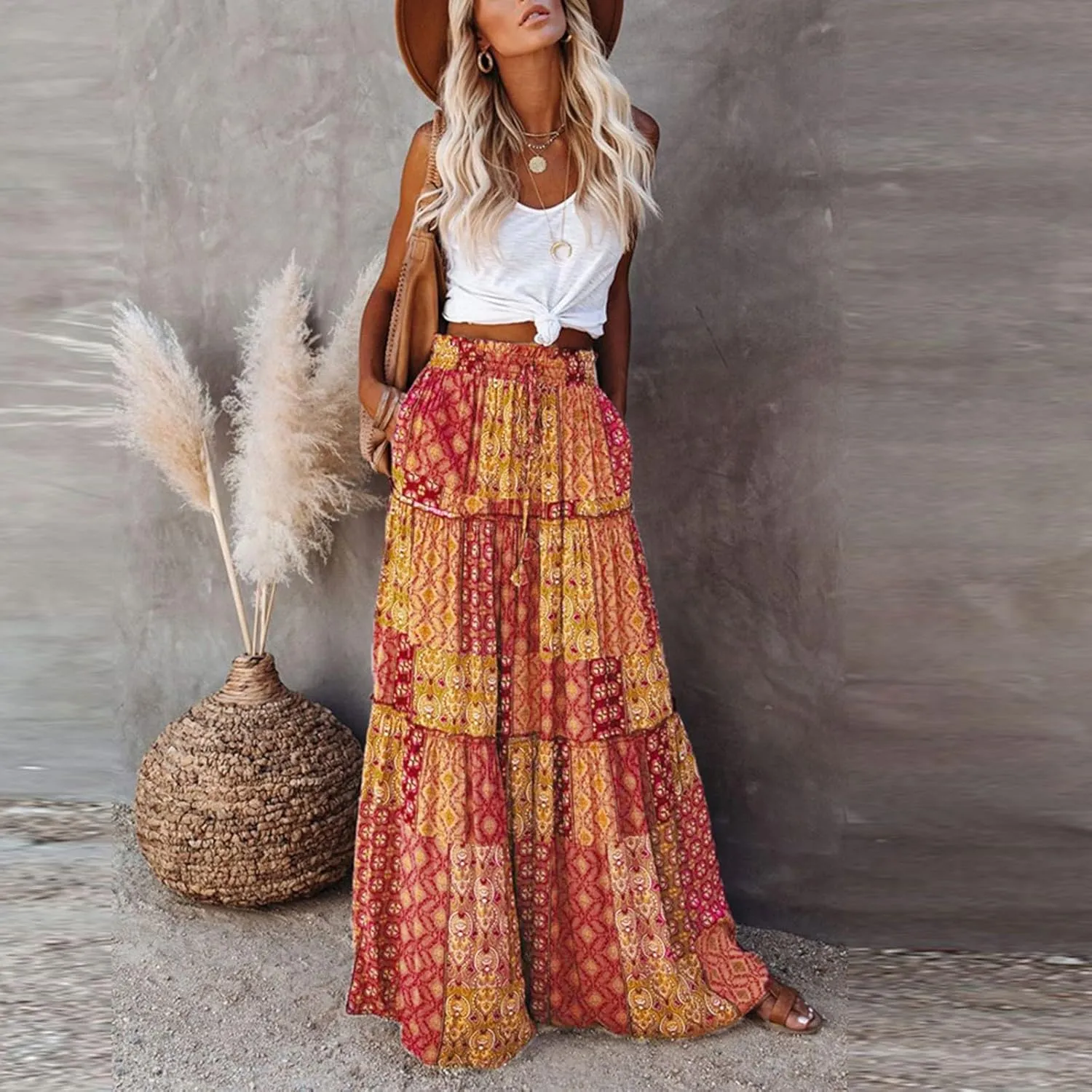 Womens Boho Maxi Skirt with Pockets Cute Summer Flowy Floral Long Bohemian Skirts Hawaiian Elastic High Waisted Skirt