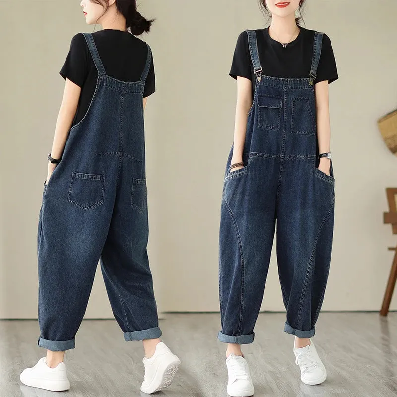 Women’s Multi Pocket Cargo Denim Overalls, Vintage Casual Loose Jumpsuit