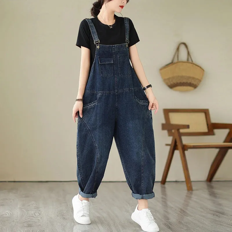 Women’s Multi Pocket Cargo Denim Overalls, Vintage Casual Loose Jumpsuit