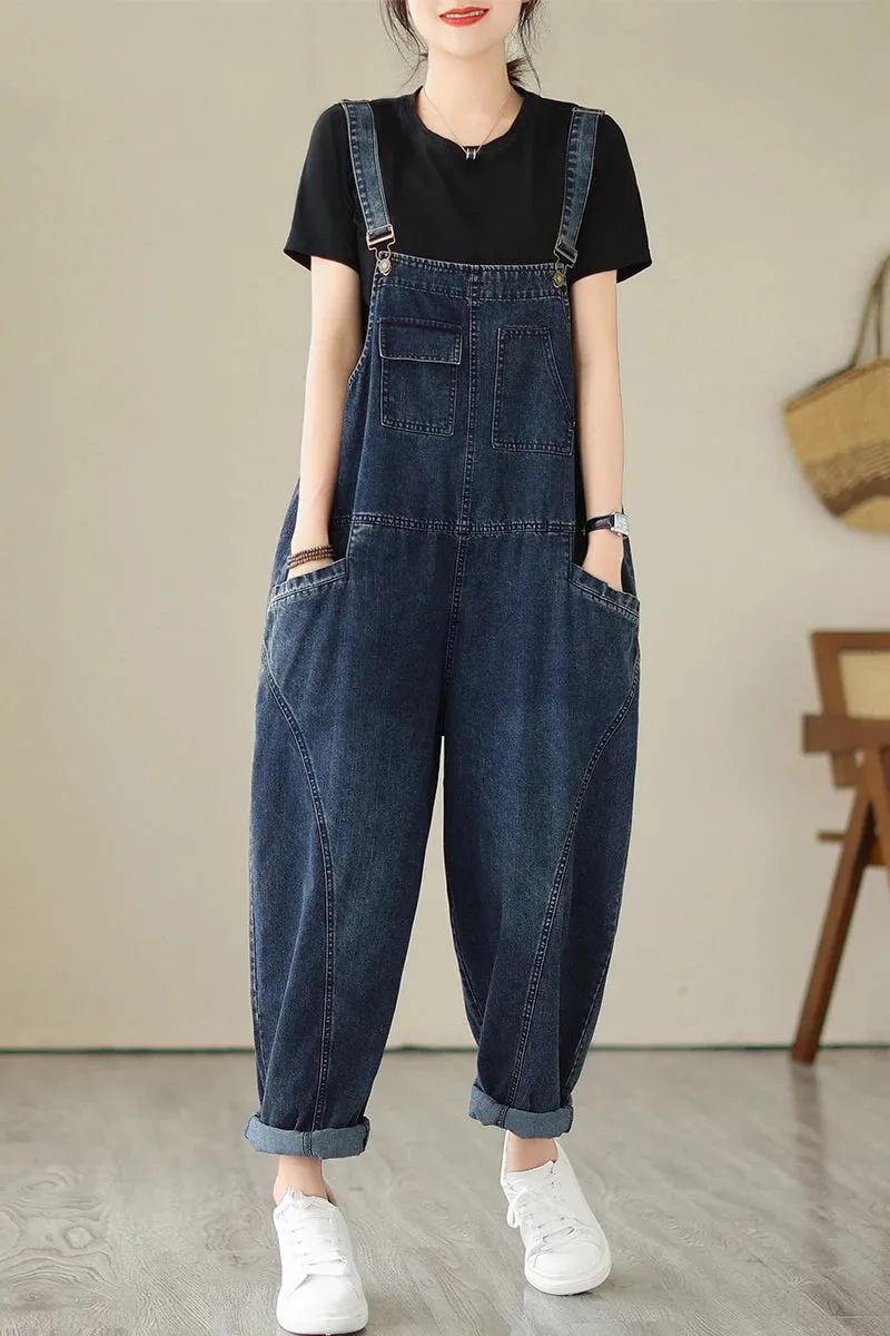 Women’s Multi Pocket Cargo Denim Overalls, Vintage Casual Loose Jumpsuit