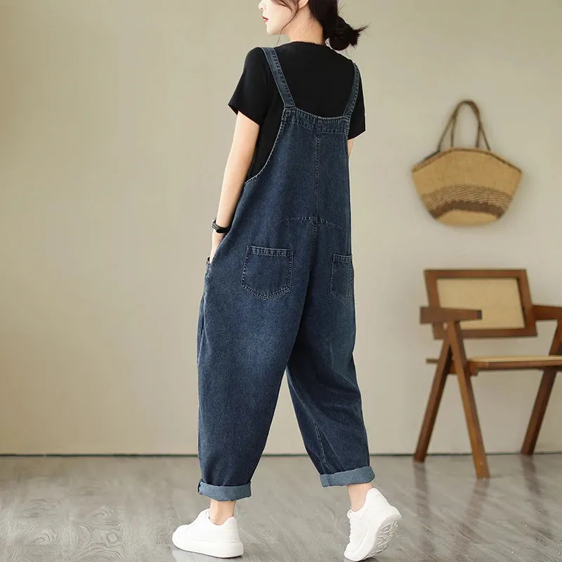 Women’s Multi Pocket Cargo Denim Overalls, Vintage Casual Loose Jumpsuit