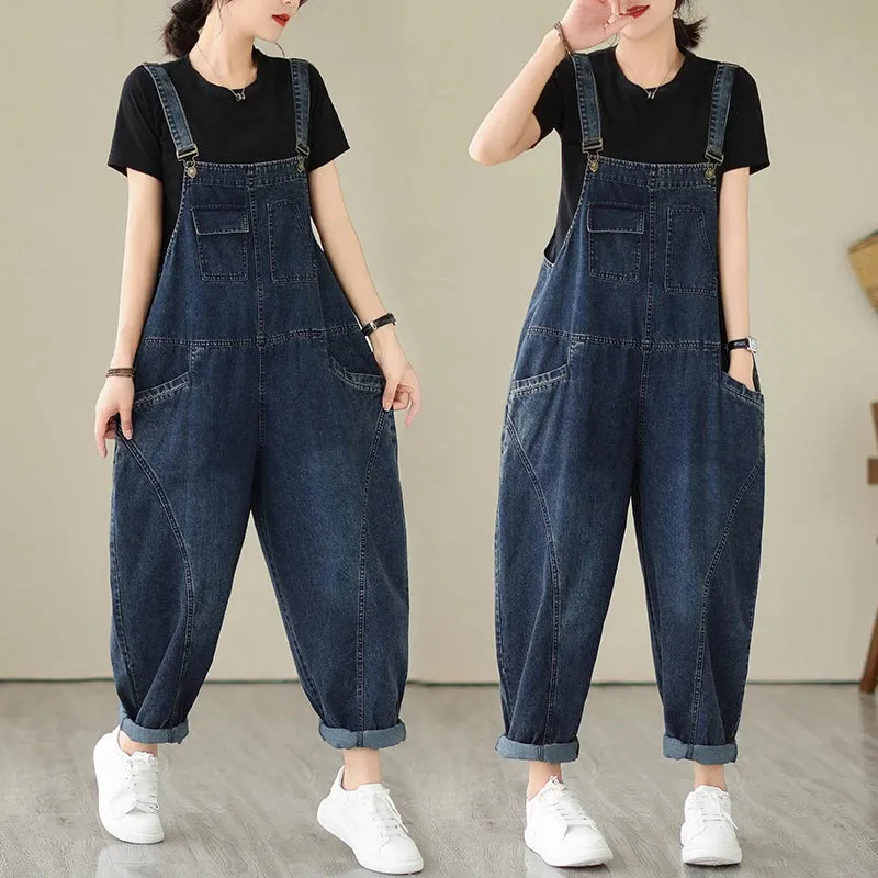 Women’s Multi Pocket Cargo Denim Overalls, Vintage Casual Loose Jumpsuit