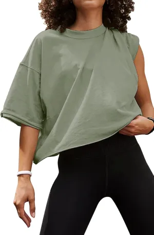 Women's Oversize Workout Crop Tops Casual Short Sleeve Drop Shoulder Boxy T-Shirts Roll Hem Basic Loose Yoga Running Tees