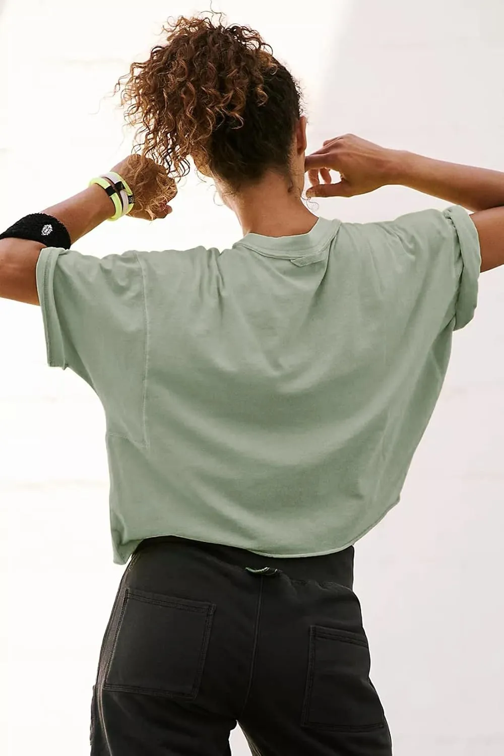 Women's Oversize Workout Crop Tops Casual Short Sleeve Drop Shoulder Boxy T-Shirts Roll Hem Basic Loose Yoga Running Tees
