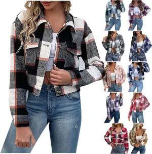 Womens Plaid Cropped Shacket Button Down Flannel Shirts Pockets Long Sleeve Light Jacket Fall Winter Fashion Coats