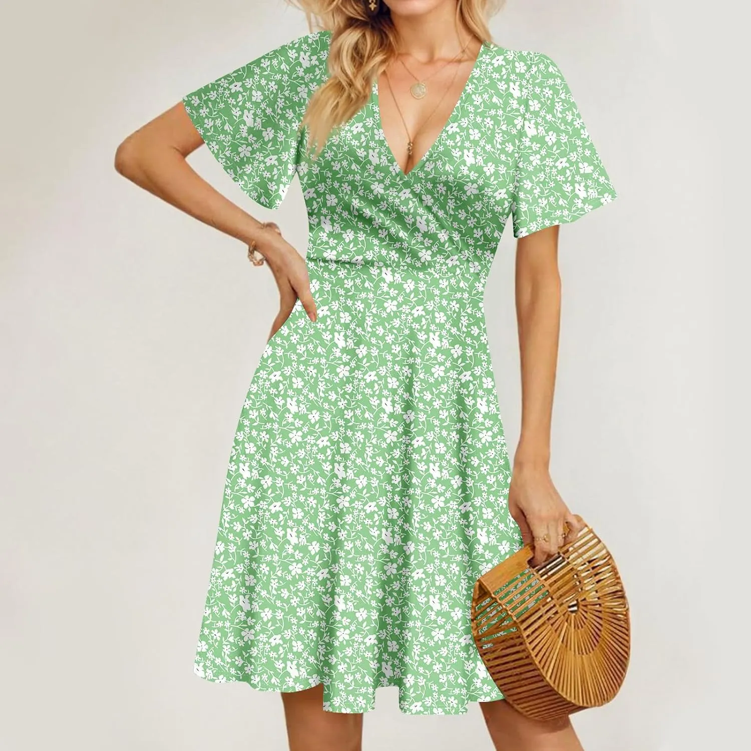 Wrap Dress for Women Cute Spring Floral Flowy Casual Midi Dresses Bohemian Simple Empire Waist Fit and Flare Dress