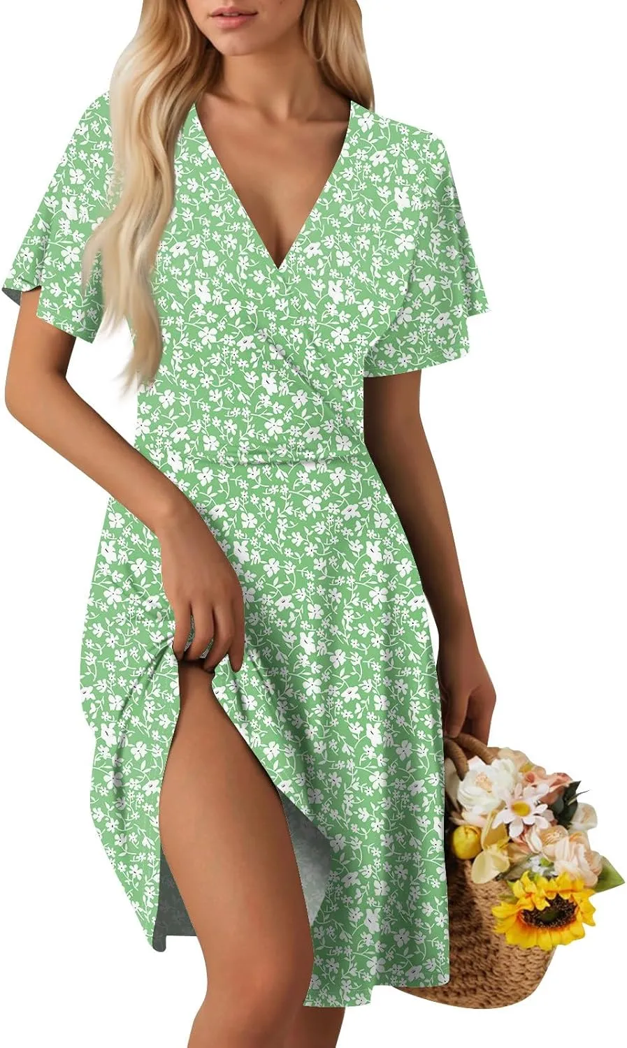 Wrap Dress for Women Cute Spring Floral Flowy Casual Midi Dresses Bohemian Simple Empire Waist Fit and Flare Dress