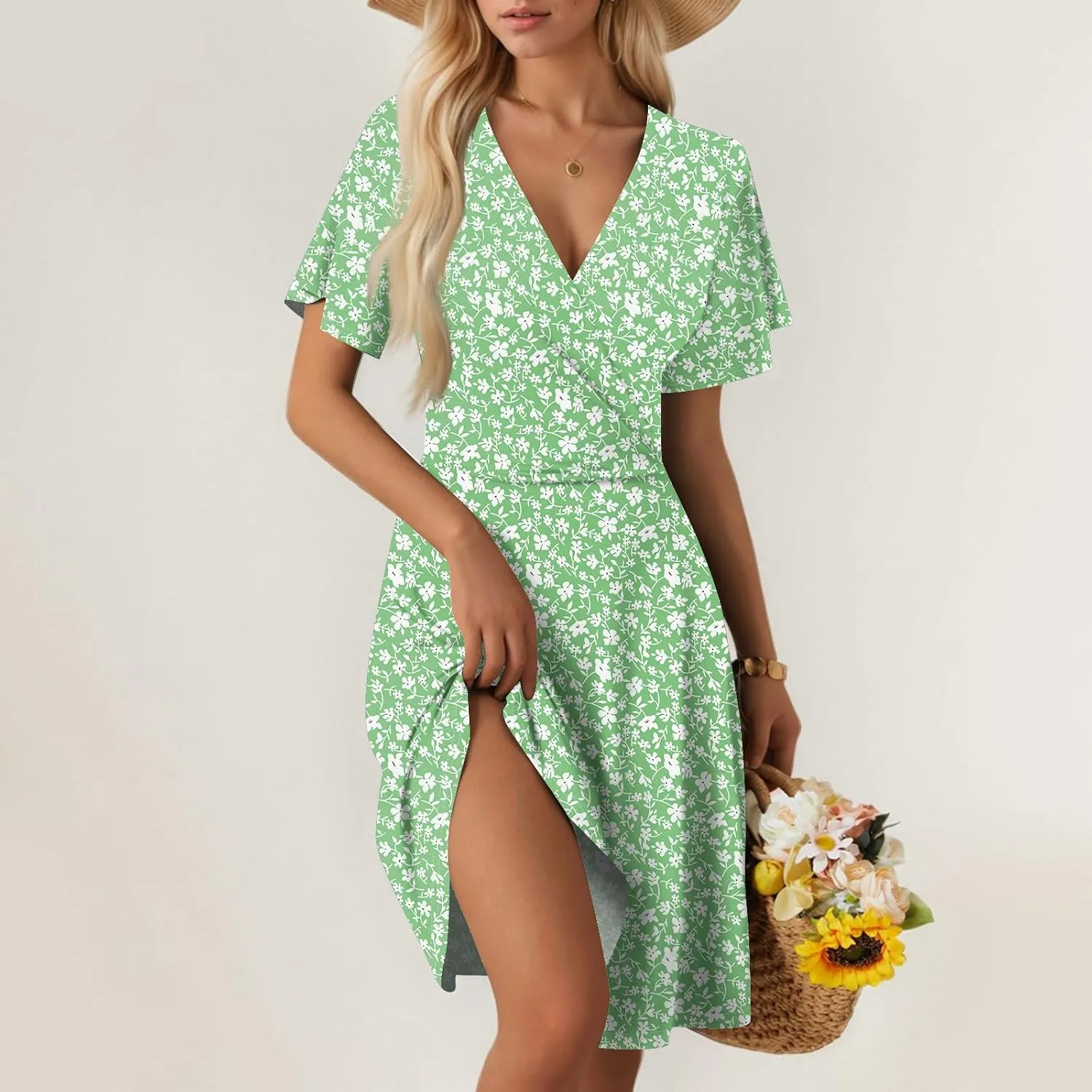 Wrap Dress for Women Cute Spring Floral Flowy Casual Midi Dresses Bohemian Simple Empire Waist Fit and Flare Dress