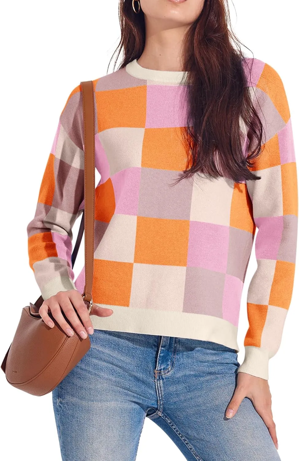Yousify Women 2024 Fall Sweaters Long Sleeve Ribbed Knit Pullover Crewneck Color Block Sweater