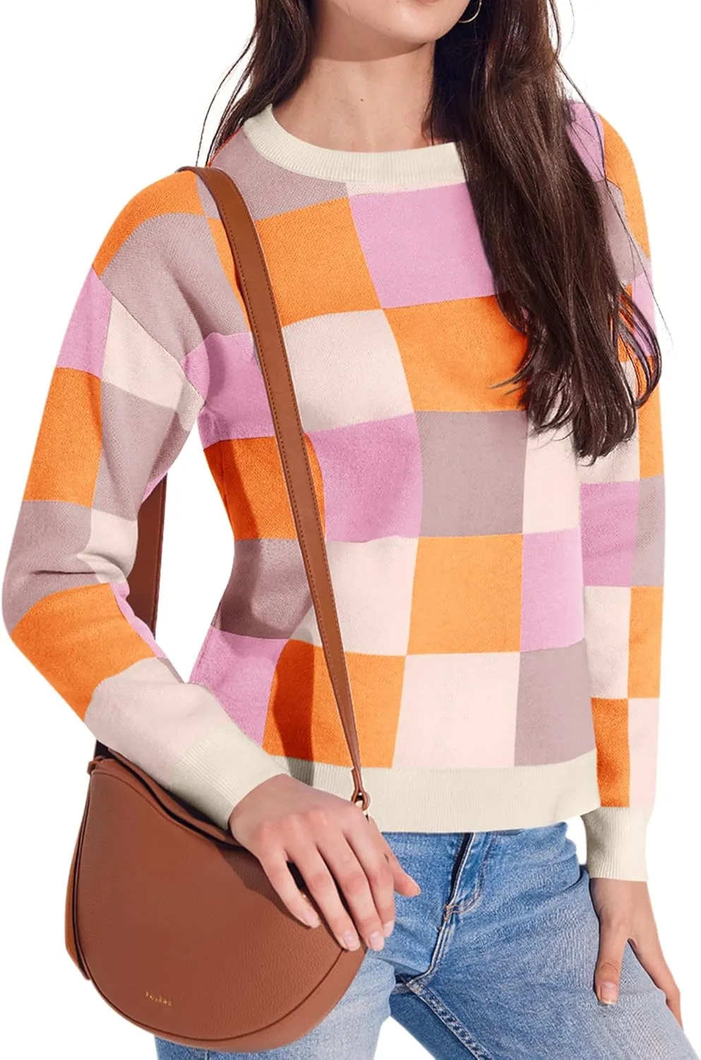 Yousify Women 2024 Fall Sweaters Long Sleeve Ribbed Knit Pullover Crewneck Color Block Sweater