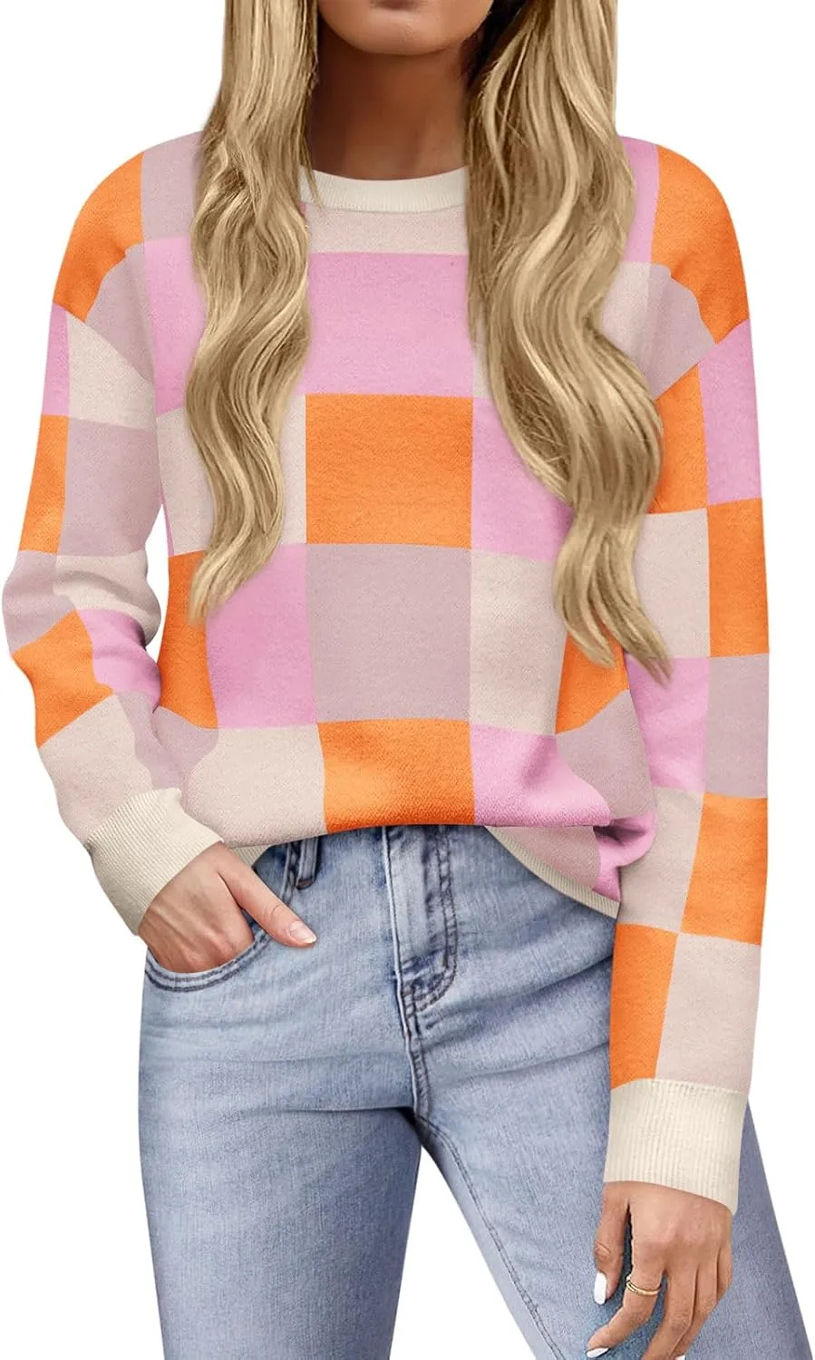 Yousify Women 2024 Fall Sweaters Long Sleeve Ribbed Knit Pullover Crewneck Color Block Sweater