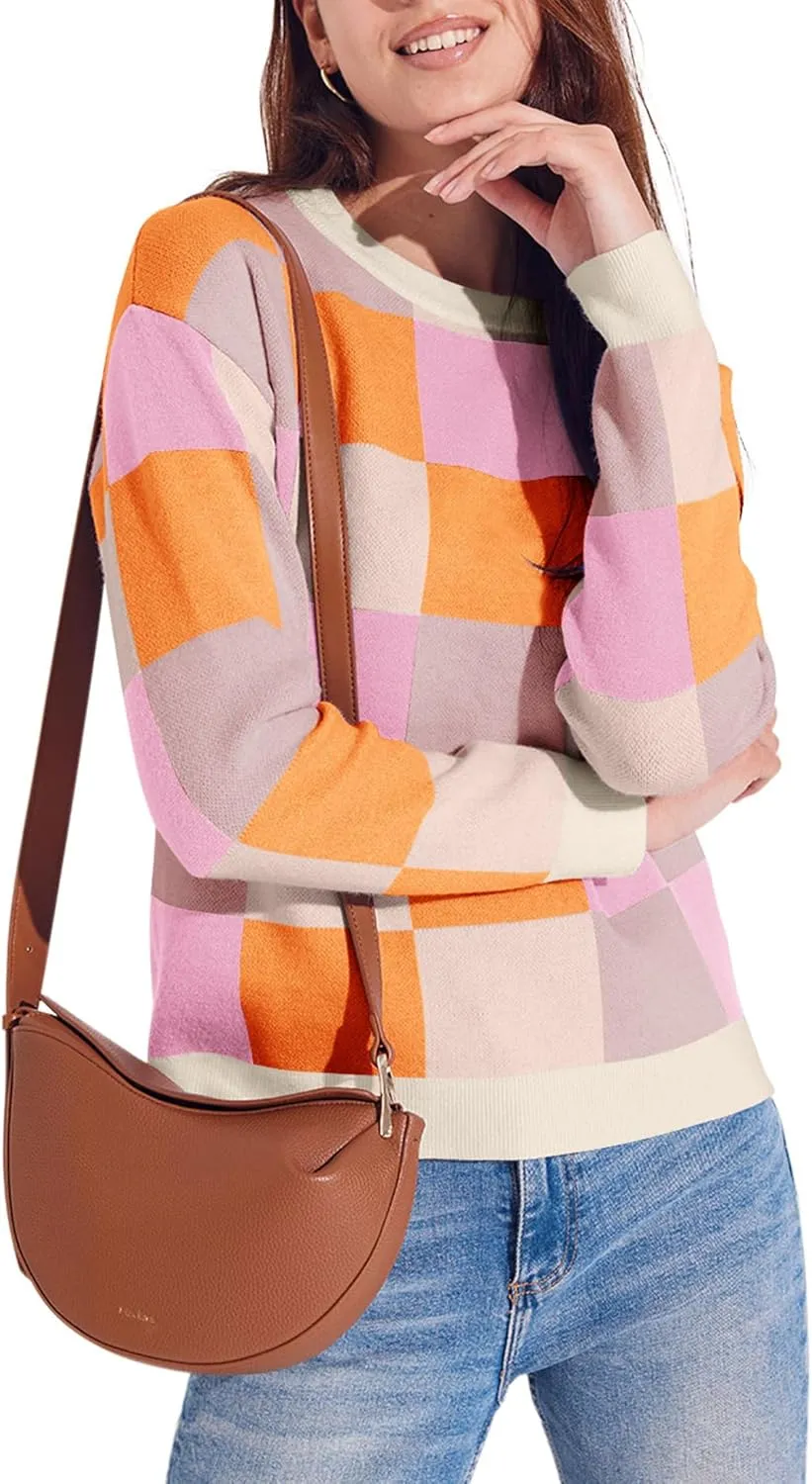 Yousify Women 2024 Fall Sweaters Long Sleeve Ribbed Knit Pullover Crewneck Color Block Sweater