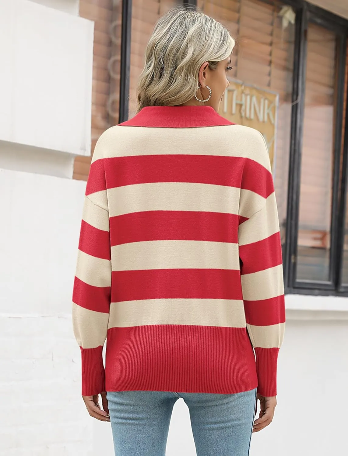Zeagoo Women's 2024 V Neck Striped Sweater Long Sleeve Oversized Fashion Knitted Pullover Fall Sweaters Tops