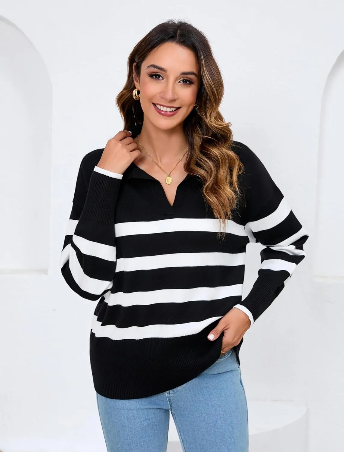 Zeagoo Women's 2024 V Neck Striped Sweater Long Sleeve Oversized Fashion Knitted Pullover Fall Sweaters Tops