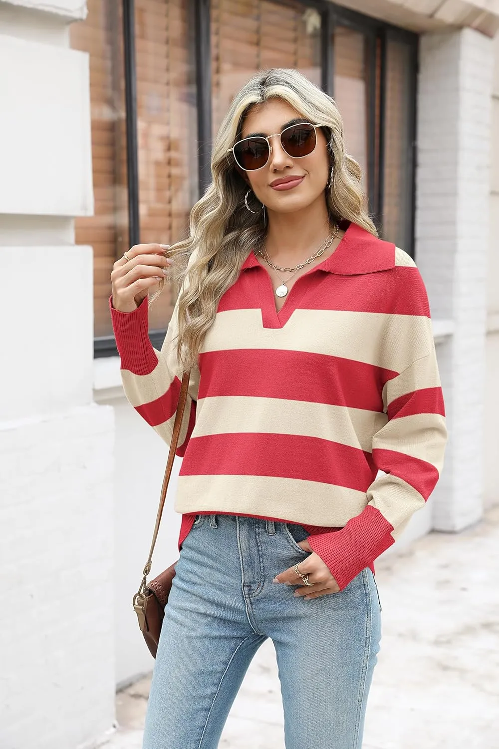 Zeagoo Women's 2024 V Neck Striped Sweater Long Sleeve Oversized Fashion Knitted Pullover Fall Sweaters Tops