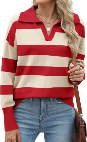 Zeagoo Women's 2024 V Neck Striped Sweater Long Sleeve Oversized Fashion Knitted Pullover Fall Sweaters Tops