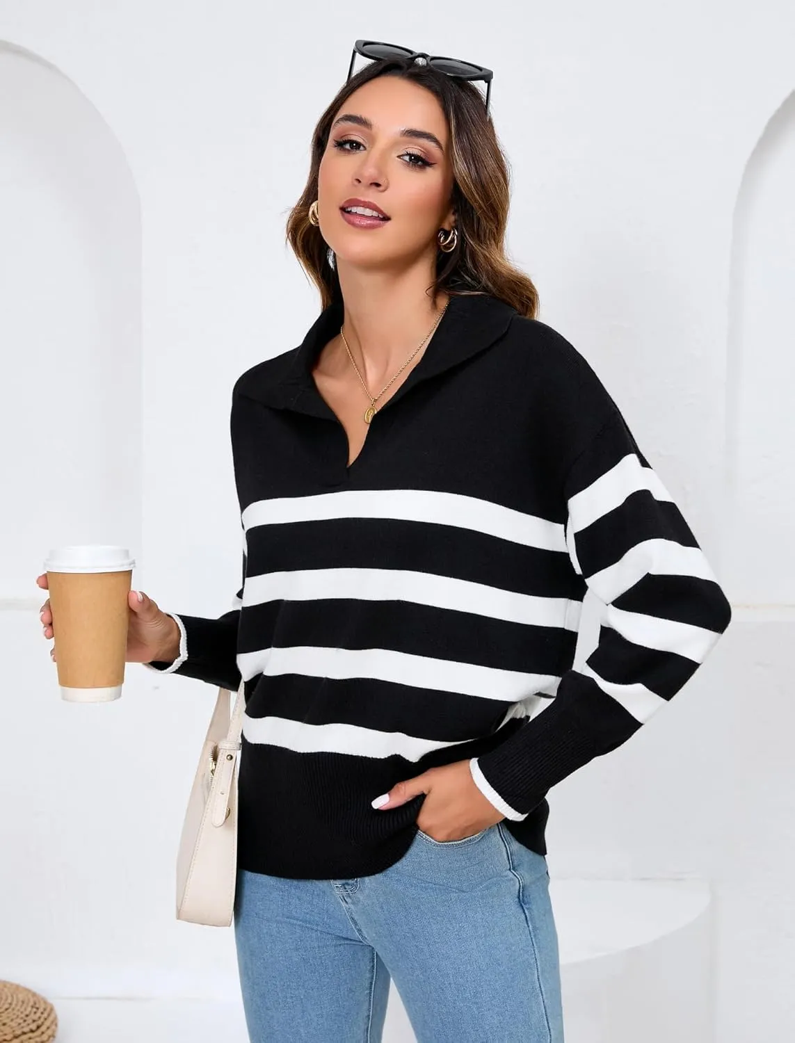 Zeagoo Women's 2024 V Neck Striped Sweater Long Sleeve Oversized Fashion Knitted Pullover Fall Sweaters Tops