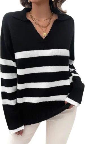 Zeagoo Women's 2024 V Neck Striped Sweater Long Sleeve Oversized Fashion Knitted Pullover Fall Sweaters Tops