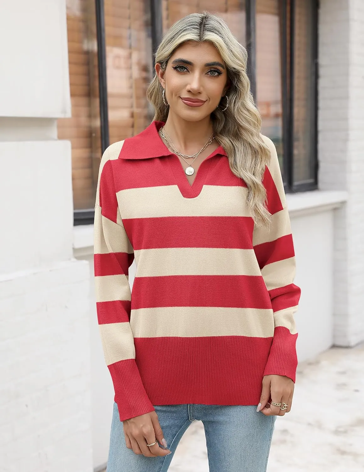 Zeagoo Women's 2024 V Neck Striped Sweater Long Sleeve Oversized Fashion Knitted Pullover Fall Sweaters Tops
