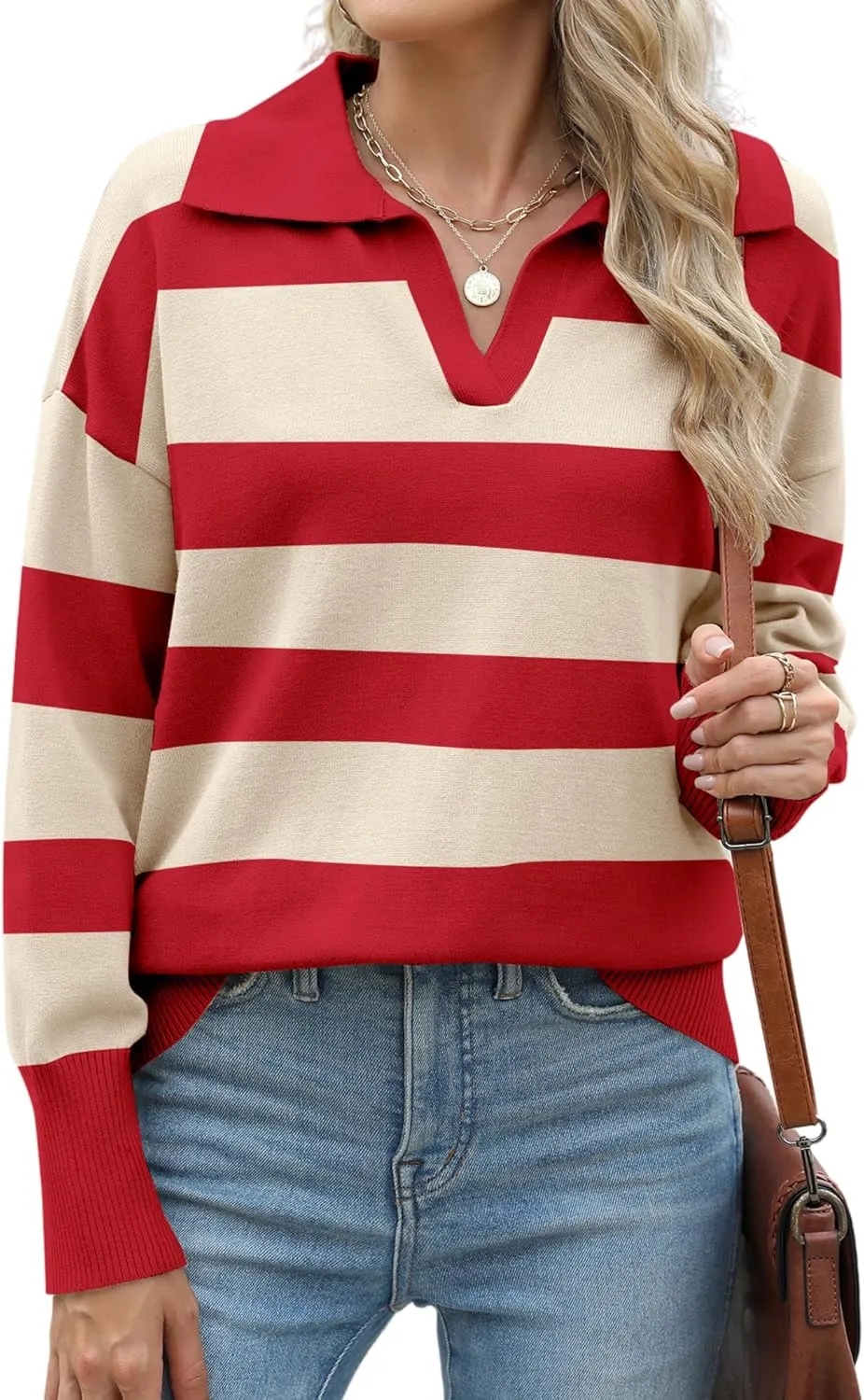 Zeagoo Women's 2024 V Neck Striped Sweater Long Sleeve Oversized Fashion Knitted Pullover Fall Sweaters Tops